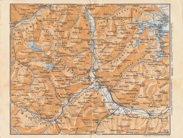 Географическая карта антикварная. Италия. Коммуна Глоренца и ее окрестности. Смешанная техника. Германия, 1912 год