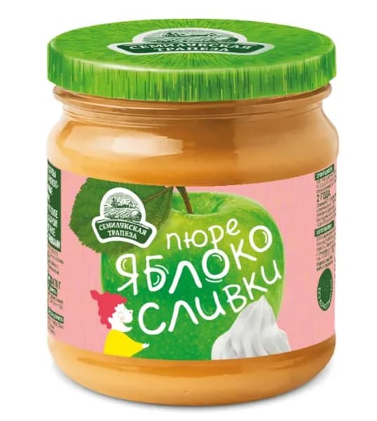 СЕМИЛУКСКАЯ ТРАПЕЗА Пюре фруктовое с сахаром Яблочное со СЛИВКАМИ 470 г. , 12 штук