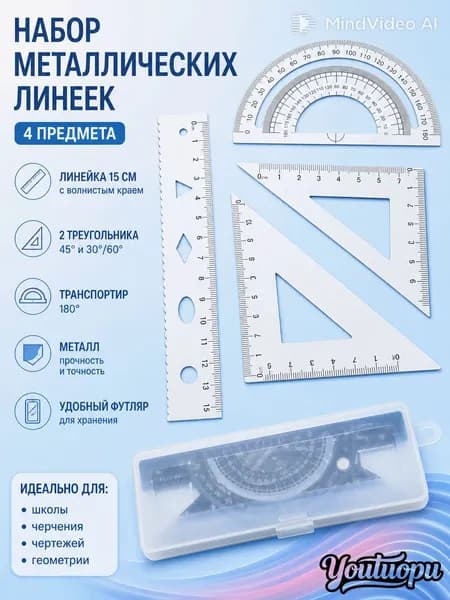 Чертежный набор из 4 предметов линейка 15 см для учебы и офиса
