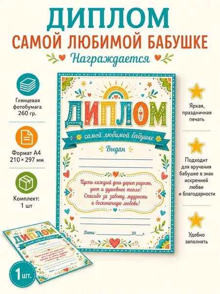 Диплом самой любимой бабушке А4, 1 шт.