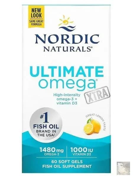 Nordic Naturals, Ultimate Omega Xtra, высокоэффективные омега-3 кислоты, со вкусом лимона, 1480 мг, 60 капсул (740 мг в 1 капсуле)