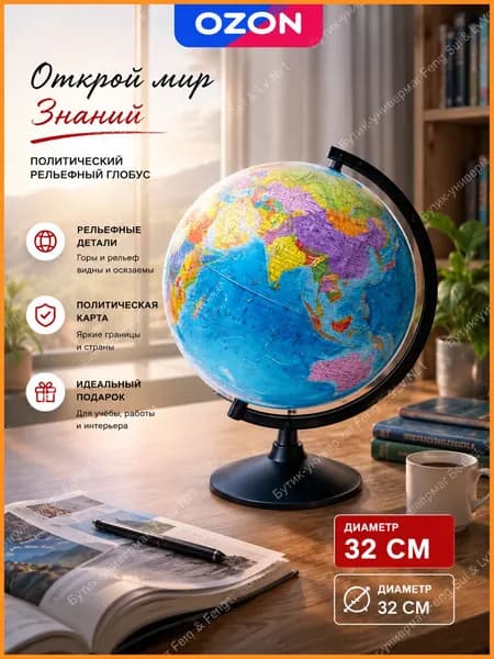 Глобус физический с подсветкой 32 см, рельефный, классический