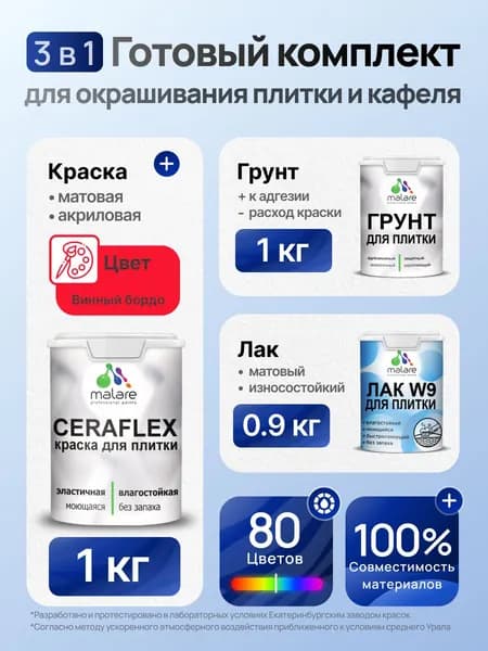 Комплект Malare LIPPO для окрашивания плитки и кафеля (1кг грунт + 1 кг краска + 0.9кг лак), акриловый, без запаха, быстросохнущий, матовый, цвет винный бордо