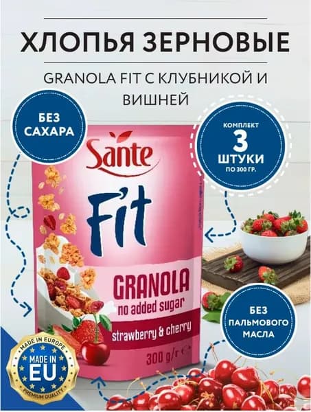 Sante / Гранола Fit с Клубникой и вишней, 3 упаковки по 300 гр / Польша