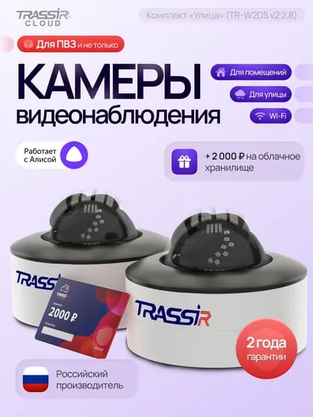 Камера видеонаблюдения wifi, уличная TRASSIR TR-W2D5, комплект видеонаблюдения 2 камеры + Облако 2000