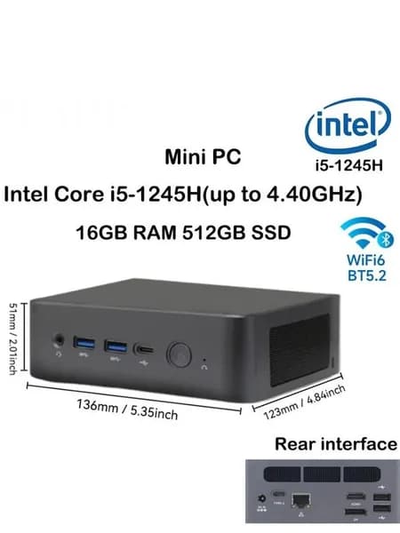 Мини-ПК i5-12450H  мини ПК (Intel Core i5-12450H, RAM 8 ГБ, SSD 1000 ГБ, Intel Graphics, Windows 11 Pro), 中国, черный