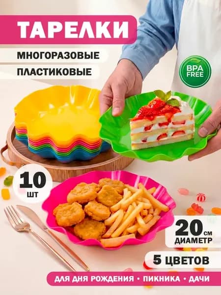 Тарелки многоразовые пластиковые волнистые, набор 10 шт. для…