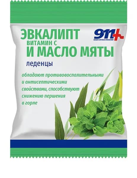 911 леденцы (эвкалипт с витамином С и масло мяты), 50 г