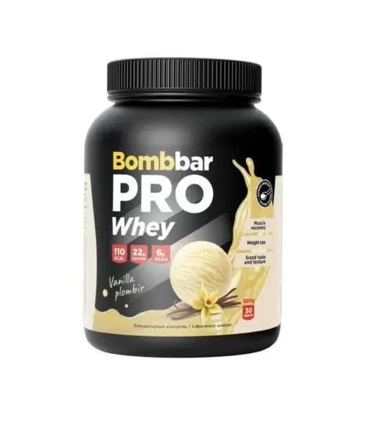 Bombbar Whey Protein Pro протеин сывороточный без сахара, вкус ванильно-сливочный пломбир 900г