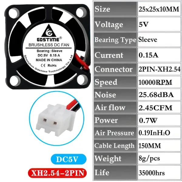 Вентилятор Gdstime DC5V 25x25x10, GDA2510, Sleeve,1 шт., XH2.54