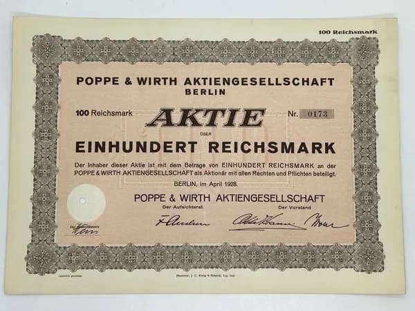 Акция Германия. Фабрика КG Poppe & Wirth, 100 РМ 1928 №78