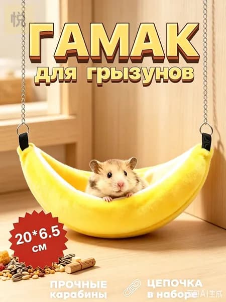 Гамак для грызунов банан 20*6,5 см, мягкая подвесная лежанка сирийских и джунгарских хомяков, с цепочкой карабинами