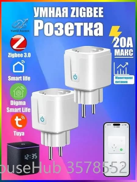 2шт Умная розетка ZigBee 3.0 EU 20A с Алисой, таймер и мониторинг
