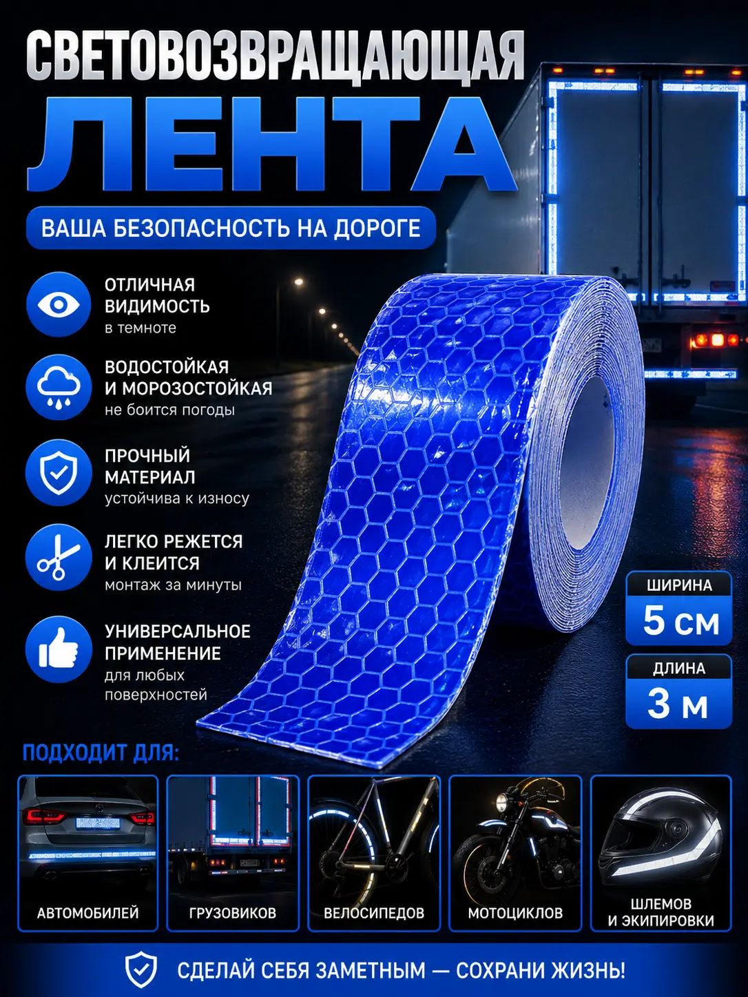 Светоотражающая предупреждающая лента, синяя, 5см*3м,