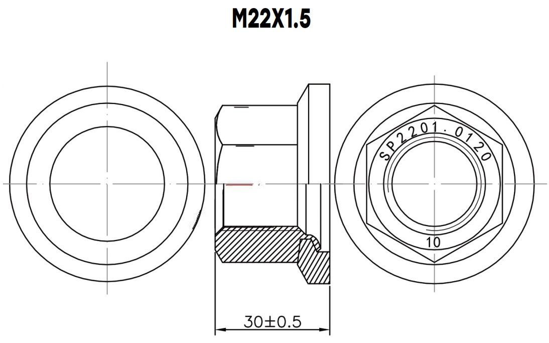 Гайка крепления колеса (H 30 мм; M22x1.5; ключ 32мм) о.н. 5425-3101040 SIMPECO SP2201.0120 для прицепа