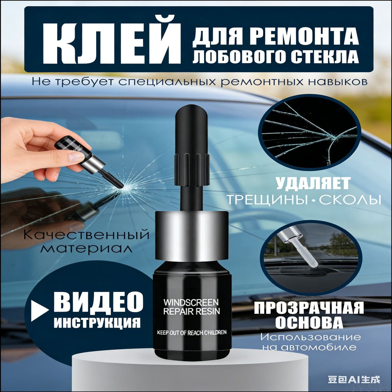 Профессиональное средство для ремонта трещин на стекле. Жидкий полимер, заполняет и скрепляет.