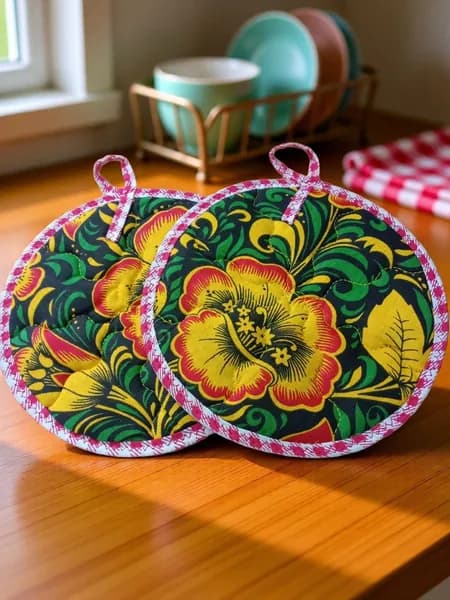 Прихватка круглая для кухни 17x17 см,  2 шт. Хохлома, на чёрном фоне цветы в красной окантовке.