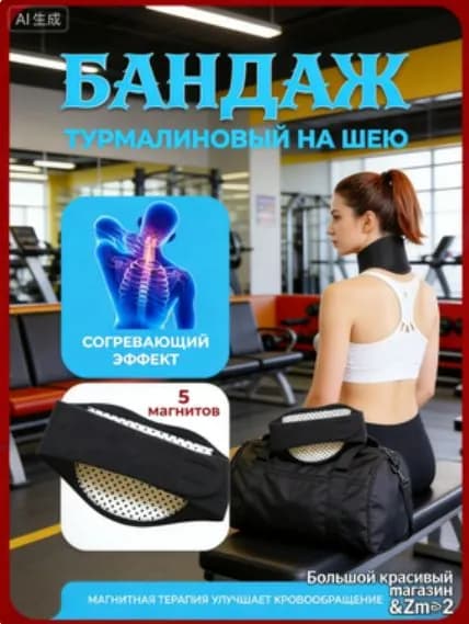 Согревающий пояс для шеи с турмалином и магнитами,Черный, 1 шт