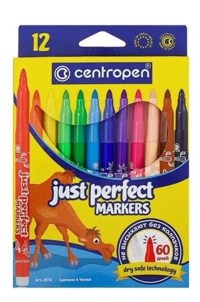 Фломастеры CENTROPEN "just perfect" 12 цветов (Чехия), НЕ ВЫСЫХАЮТ без колпачка 60 дней