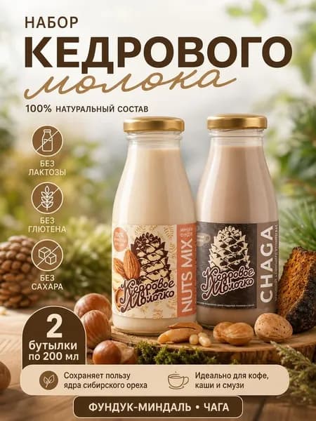 Кедровое молочко Фундук-миндаль и Чага набор 2 шт. по 200 мл