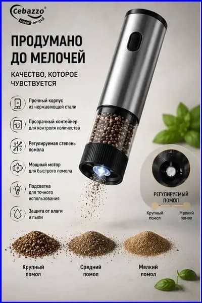 Автоматическая электрическая мельница для перца, соли и кофе из нержавеющей стали, оснащённая керамическим жерновом, пятью режимами помола и зарядкой TypeC, является качественным бестселлером.