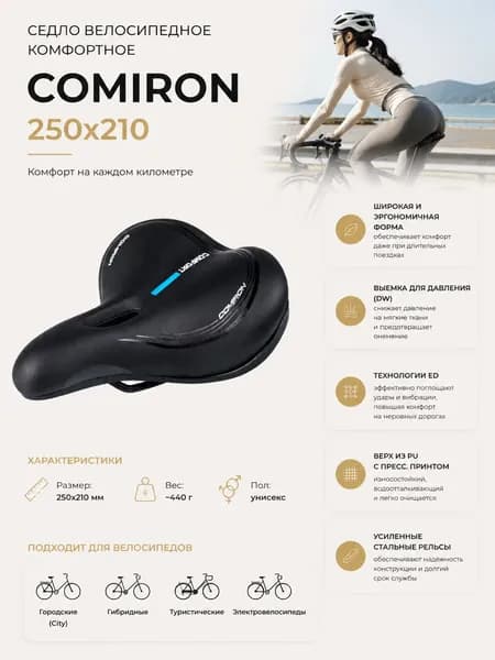 Седло велосипедное комфортное с креплением COMIRON MADRID 250x210. Цвет: Чёрный Синий