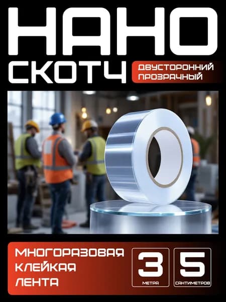 3м-5см Нано скотч многоразовый двусторонний прозрачный. Клейкий силиконовый скотч для ремонта, монтажа, крепления.
