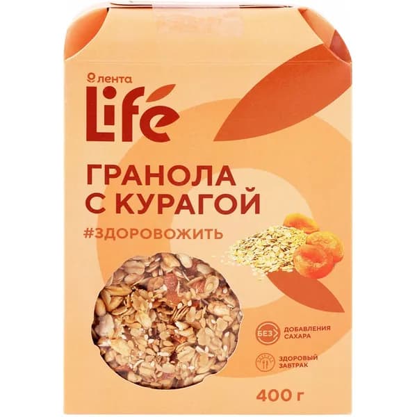 Гранола Лента Life овсяная с курагой без сахара 400 г