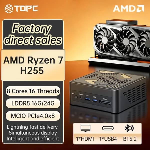 TOPC Мини-ПК (AMD Ryzen 7 255, RAM 16 ГБ, AMD Radeon, Без ОС), черный матовый