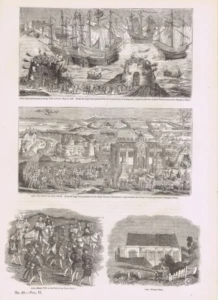 Старая Англия 190. Элтемский дворец в Лондоне, отплытие Генриха VIII из Дувра, Поле золотой парчи - место переговоров между Англией и Францией. Антикварная гравюра (ксилография). Англия, 1864 год