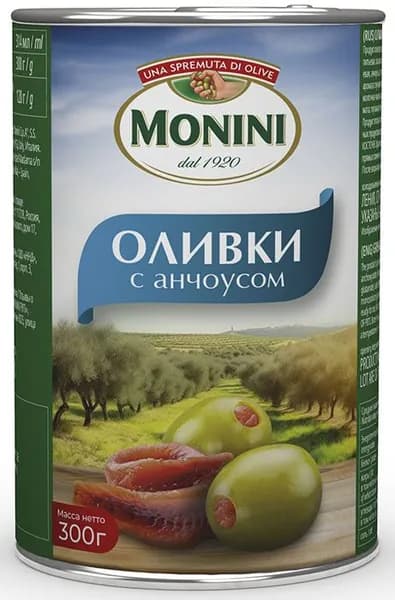 Оливки MONINI с анчоусом /жесть/ 300г