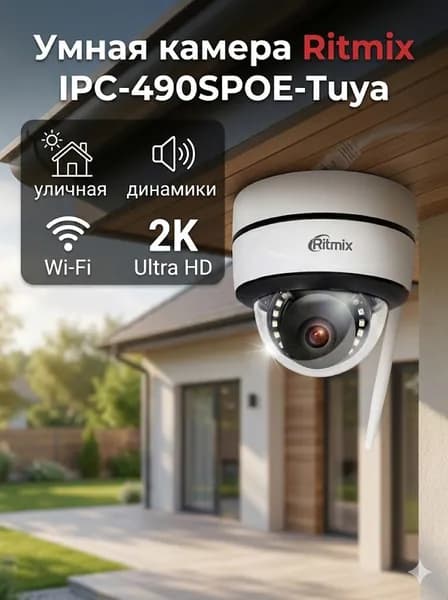 Уличная камера видеонаблюдения RITMIX IPC-490SPOE-Tuya с влагозащитой IP65