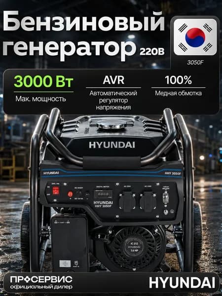 Генератор бензиновый Hyundai HHY 3050F, 3 кВт, 230 В, 7 л.с., ручной запуск, бензогенератор для дома, дачи и стройки, электростанция бензиновая