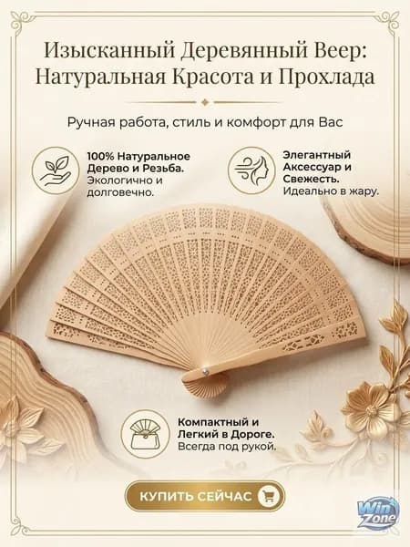 Веер складной деревянный / бамбуковый, 20,5 см