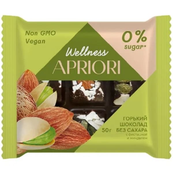 Шоколад APRIORI Wellness плитка горькая без сахара с миндалем и фисташкой 50г