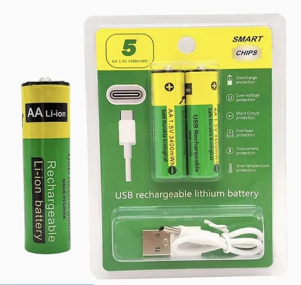Аккумулятор литий-ионный AA 1.5V 3400 mAh с разъемом USB Type-C, перезаряжаемая батарея, 1 штука