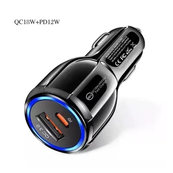 Автомобильное зарядное устройство с USB-A и Type-C, 48 Вт, QC3.0 PD3.0, с синим светодиодом для прикуривателя