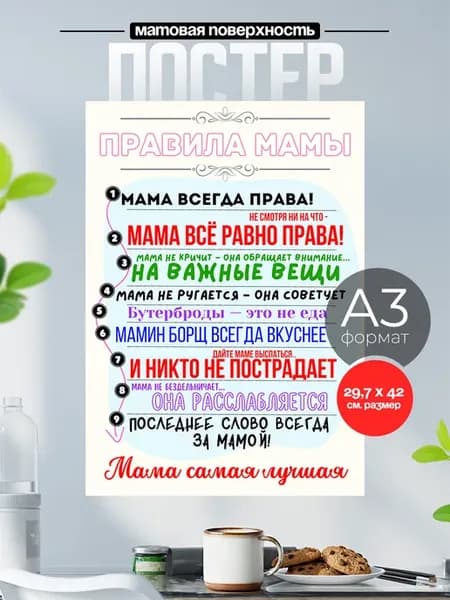 Плакат Правила мамы на стену интерьерный А3