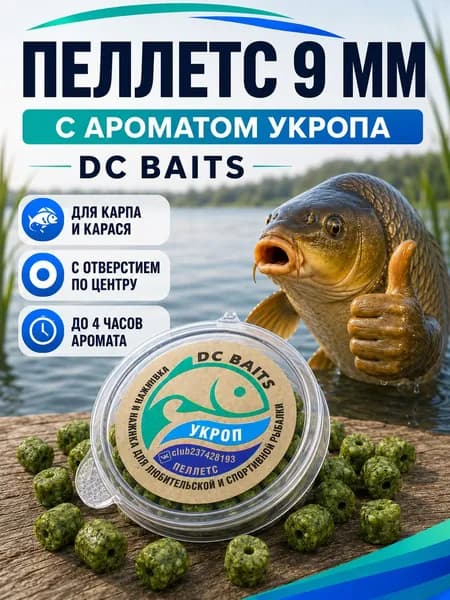Пеллетс рыболовный DC Baits, 9 мм, Укроп - для карпа и карася, насадочный с отверстием, аромат до 4 часов