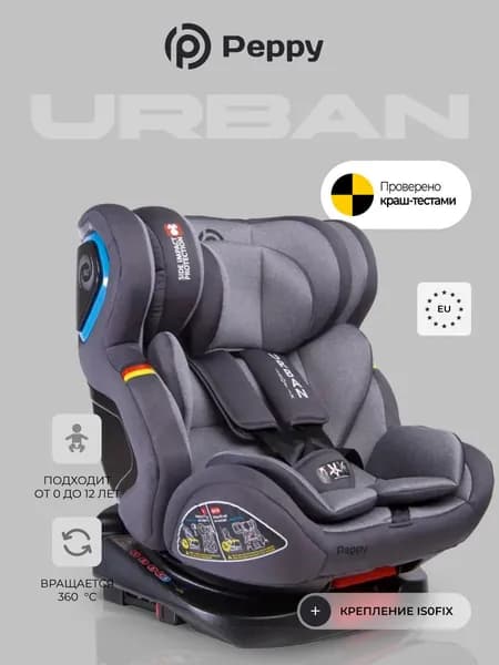 Автокресло Peppy Urban Isofix Iron (0-36) с рождения до 12 лет