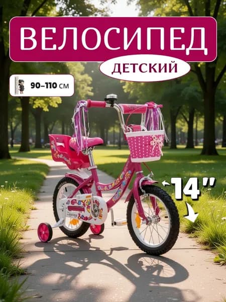 Велосипед детский двухколесный 14" ZIGZAG FORIS малиновый для девочки от 3 до 5 лет на рост 90-110см 2024