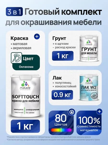 Комплект Malare SoftTouch для окрашивания мебели (1кг грунт + 1 кг краска + 0.9кг лак), акриловый, без запаха, быстросохнущий, полуглянцевый, цвет оклахома