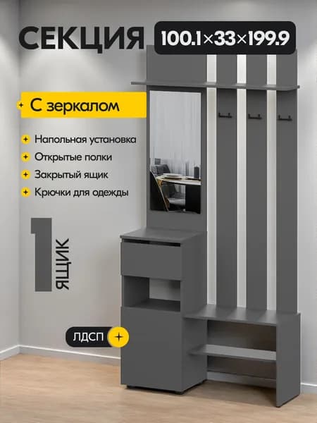 Прихожая Mio Tesoro Денвер, с зеркалом, 100.1х33х199.9 см, графит серый