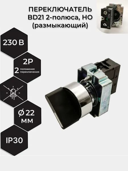 Переключатель BD21 2-полюса (2P), короткая ручка, НО (размыкающий)