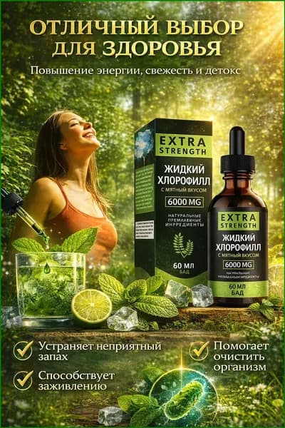 Жидкий хлорофилл премиум качества, мята, 60 мл, для здоровья кожи и организма