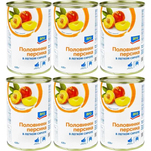 Персики Aro половинки в сиропе 420 г, набор: 6 штук