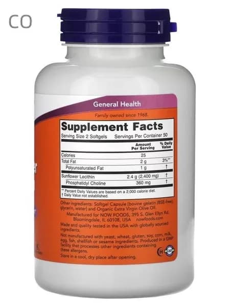 Лецитин подсолнечный 1200 мг, фосфатидилхолин NOW Foods Sunflower Lecithin 1200 mg, 100 капсул