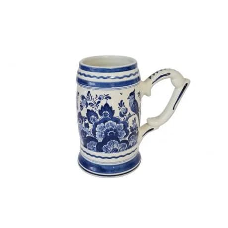 Кружка для пива винтажная Delft Blaue Holland, белый дельфтский фарфор с голубым цветочным декором, 16,5 x 6,5 см, Голландия, 1960-70гг.