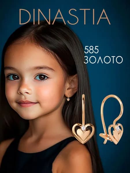 Серьги детские золотые 585, сережки Сердечки для девочки золото 585, DINASTIA