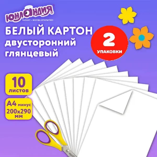 Картон белый А4 МЕЛОВАННЫЙ (белый оборот), 10 листов, в папке, 200х290 мм (2 упаковки)